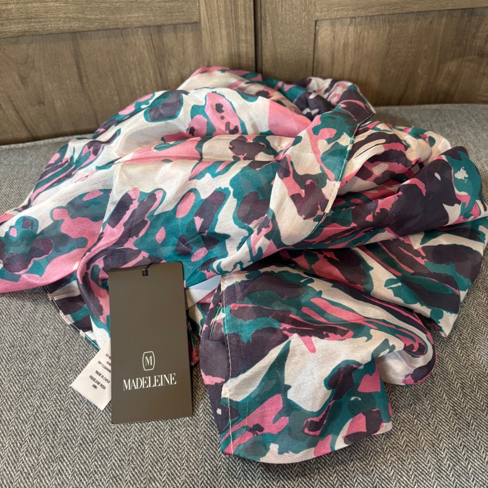 Madeleine 100% Silk Scarf Pink Teal Abstract Print Large Square Wrap NWT